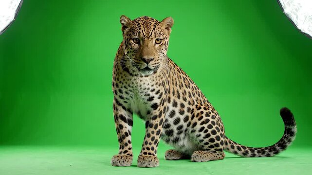 Majestic leopard sitting calmly on a green screen background with slow tail movement and occasional head turns