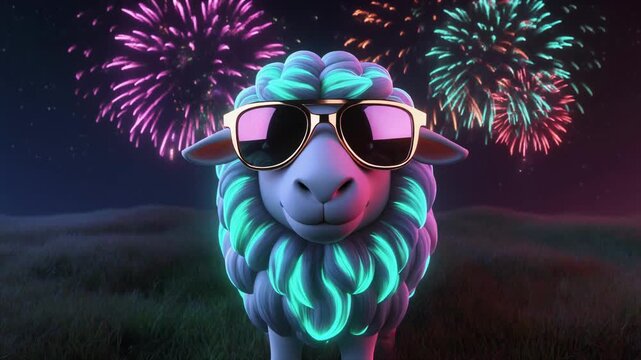 Cool Neon Sheep with Fireworks 4K Generative AI