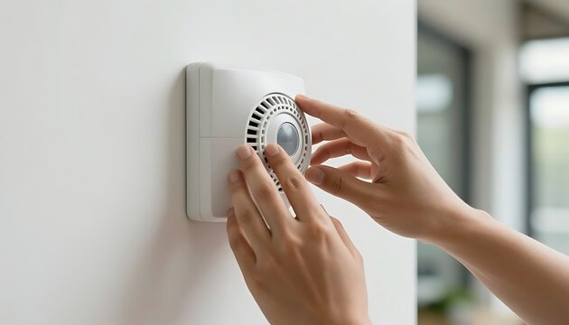 A person's fingers gently touch the circular grille of a white smoke detector or sensor mounted on an indoor wall.