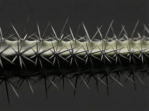 Sharp thorns and spines on a cactus plant. Close up of succulent plant parts and textures.