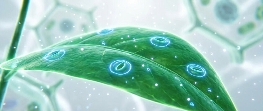 Close-up of leaf stomata under microscope revealing plant respiration. Detailed botanical view of green foliage pores and cellular structure for sc...