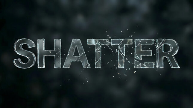 Cinematic 3D render of the word SHATTER made of cracked glass with flying shards