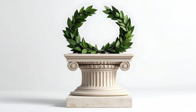 A laurel wreath adorns a classical stone pedestal against a white background