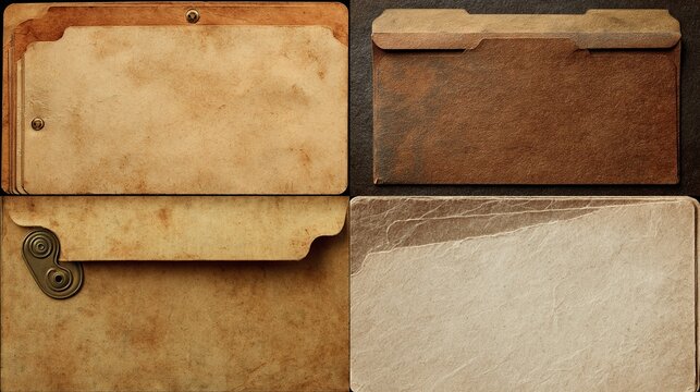 Antique file folders with aged paper texture, subtle curl, and metal hardware, a vintage office concept