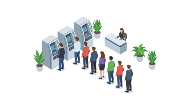 Isometric illustration of customers queuing for bank ATM machines