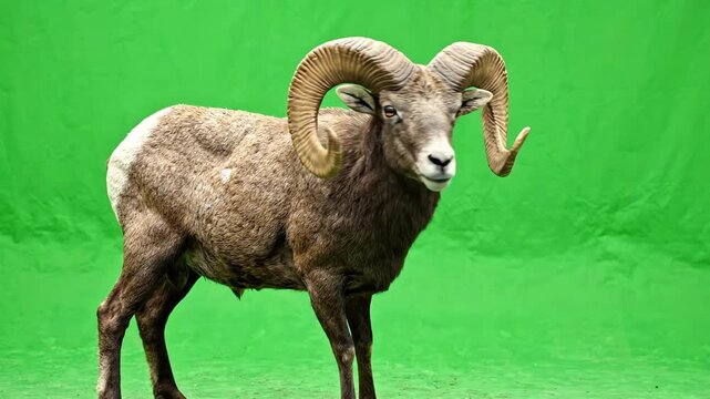 Male bighorn sheep with large curved horns standing and looking around on a chroma key green screen background