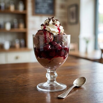An authentic black forest sundae combining rich dark chocolate ice cream scoops with a tart cherry compote, a splash of cherry syrup, fresh whipped cream, and shaved bittersweet chocolate flakes. Serv