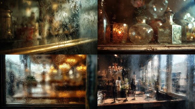 Antique shop window display with glass bottles, candle, and subtle reflections in a vintage setting
