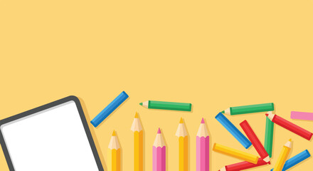 A vibrant top-down vector illustration featuring scattered colored pencils and a white digital tablet on a plain yellow workspace background.