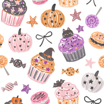 Hand-painted cute doodle-style Halloween seamless pattern with pumpkins, cupcakes, macarons, and candy on a transparent background for fabric, gift wrap, and surface design