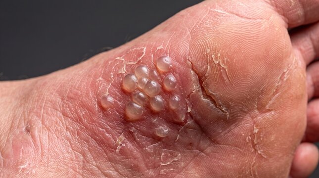 Dyshidrotic Eczema Pompholyx Vesicles and Skin Fissure on Foot Sole Close Up