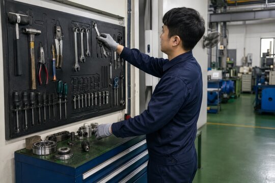 제조 공장에서 공구 보드의 렌치를 꺼내는 한국인 작업자