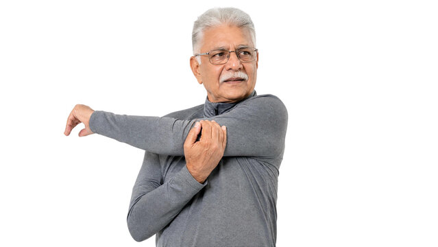 Active Senior Man Doing Shoulder Stretch Exercise Isolated on Transparent Background