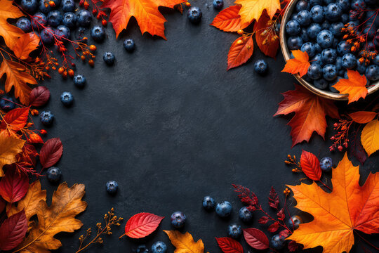 Autumn Blueberry Frame With Colorful Fall Leaves on Dark Background