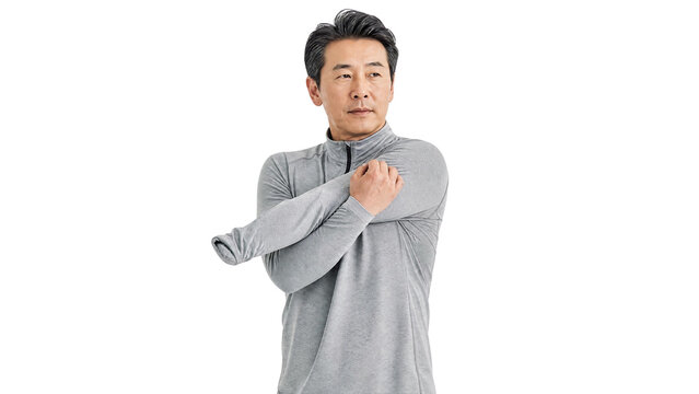 Healthy Mature Asian Man Stretching Shoulder and Arms Before Exercise, Athletic Fitness Concept Isolated on Transparent Background