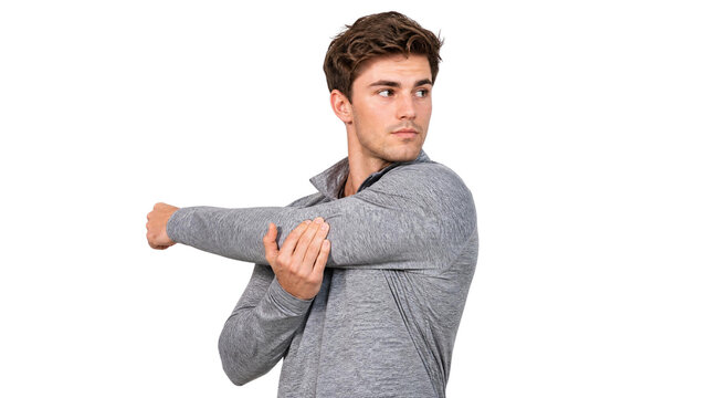 Young Athletic Man Stretching Arm Before Exercise Isolated on Transparent Background