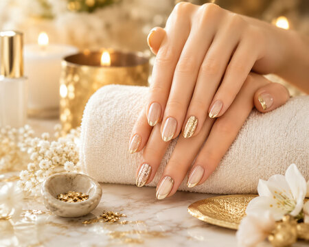 Elegant Nude and Gold Manicure on Female Hands in Luxury Nail Salon