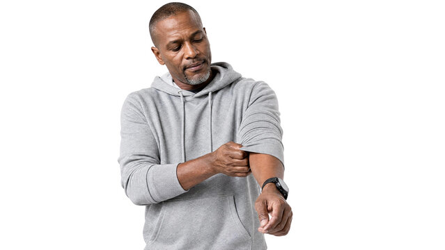 Mature African American Man in Grey Hoodie Rolling Up Sleeves Isolated on Transparent Background