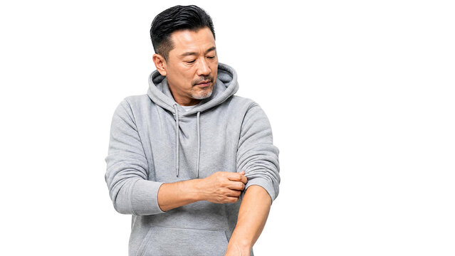 Confident Mature Asian Man in Grey Hoodie Rolling Up Sleeves for Work Isolated on Transparent Background
