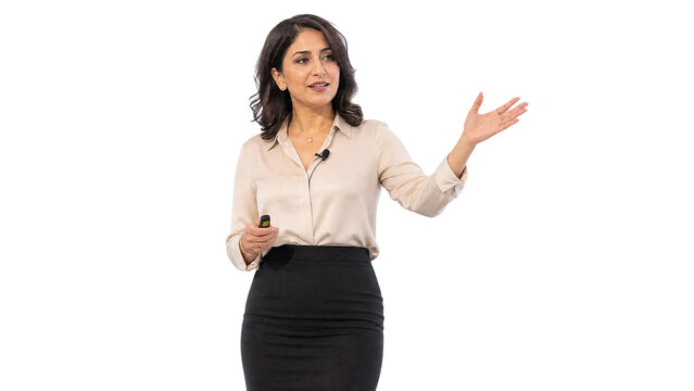 Confident Professional Business Woman Speaker Giving a Presentation with Microphone and Remote Control Isolated on Transparent Background