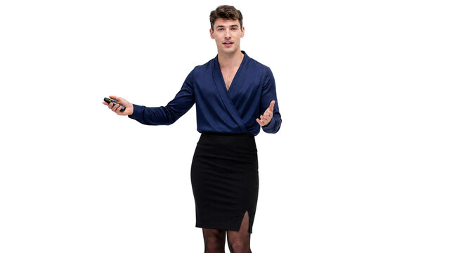 Confident Gender Fluid Professional Man in Business Skirt and Blouse Giving Presentation