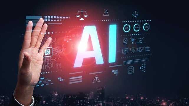 AI circuit microchip with glowing blue lines, surrounded by legal scales, warning symbols, data sheets, and binary codes, representing ethical AI, AI governance, and data integrity Marrow