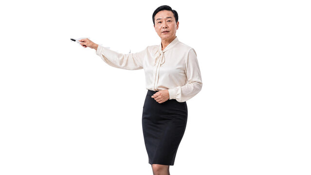 Mature Asian Businesswoman or Professor Pointing with Marker Isolated