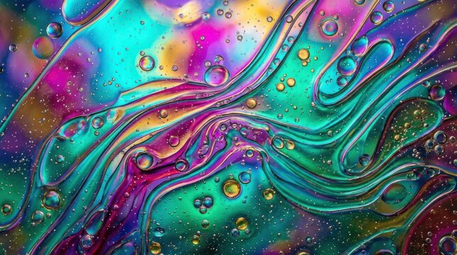 A vibrant, abstract painting featuring a rainbow of colors and swirling patterns.