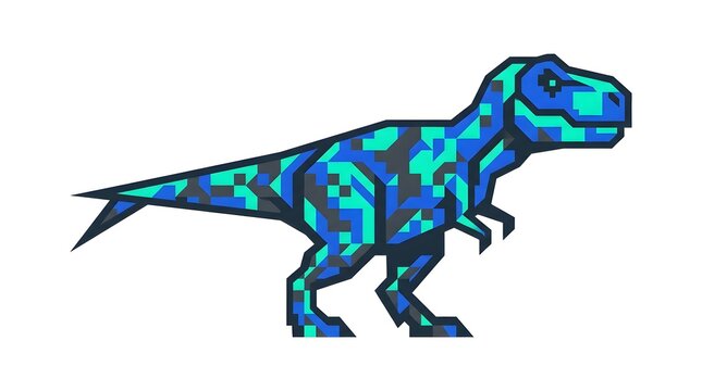 Geometric blue dinosaur illustration with mosaic pattern on white background