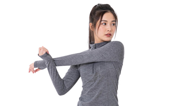 Sporty Asian Woman Doing Shoulder Stretch Exercise and Warming Up Isolated on Transparent Background