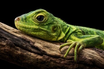 Fototapeta premium Green lizard profile resting on textured wood with sharp macro focus and dark background for wildlife conservation marketing