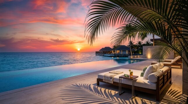 A serene beachside setting with an infinity pool, palm trees, and a sunset over the ocean.