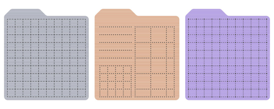 Paper folders tab icon with dashed line grid layout pattern. Organized technical data module.