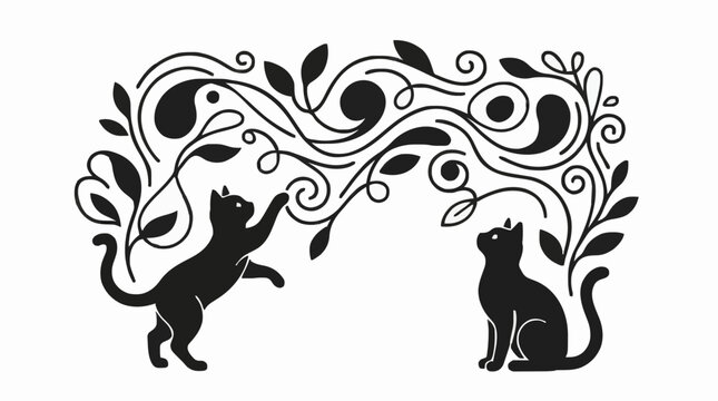 Playful cats sitting under elegant floral swirl pattern