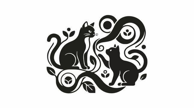Two cats nested within intricate floral and leaf swirls