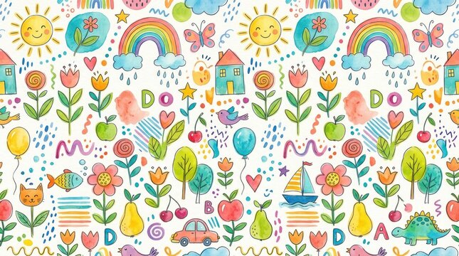 A colorful, whimsical illustration of a rainbow, sun, and house with flowers and trees, set against a white background with a blue sky and clouds.