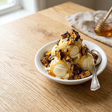 A traditional honeycomb crunch sundae with creamy vanilla ice cream scoops, drenched in golden honey, and heavily covered in crushed pieces of crunchy chocolate-coated honeycomb candy. Served in a cle