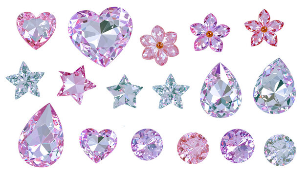 Pink and Blue Crystal Gem Collection, Isolated on Transparent Background, PNG Clipart Set