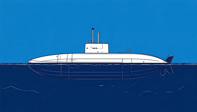 Modern white submarine illustration in flat vector style partially submerged in blue ocean water with periscopes extended ready for naval operations.