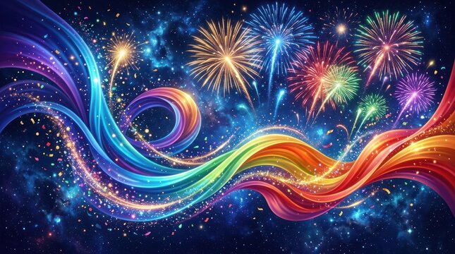 A vibrant, colorful fireworks display against a starry, cosmic background.