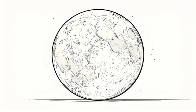 Monochromatic full Moon illustration with detailed craters and maria depicted in a clean black and white line art style resting on a minimalist white background.
