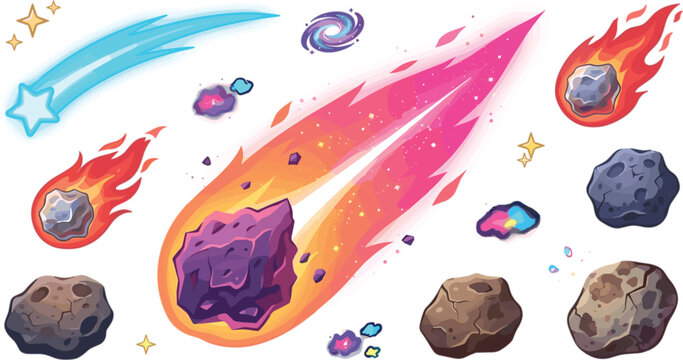 Flying comets burning meteors and asteroids space cartoon vector illustration