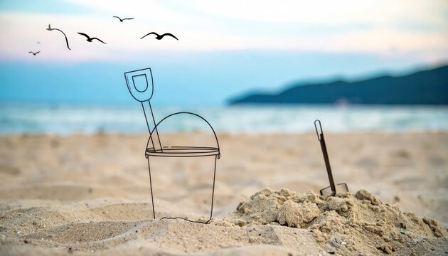 Playful beach scene combining a realistic sand pile and shovel with whimsical outline sketches of a bucket spade and flying seagulls under a summer sky.