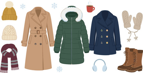 Winter seasonal clothing coats and warm accessories vector illustration © Hossain