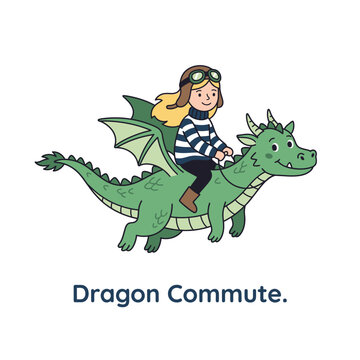 Girl riding green cartoon dragon flying illustration