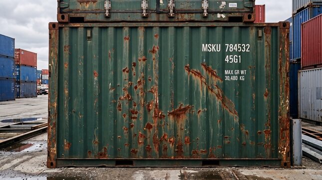 Cargo container rust spots - weathered green cargo shipping container with rust and scratches stacked at an industrial seaport terminal under cloudy daylight for global supply chain concept