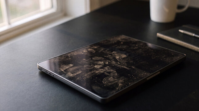 A dirty tablet screen covered in smudges and fingerprints on a dark desk representing device hygiene and security.