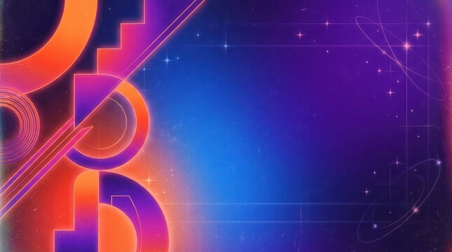 A vibrant, abstract art piece with geometric shapes and a cosmic theme, featuring a mix of warm and cool colors, including shades of orange, purple, blue, and black, set against a gradient background,