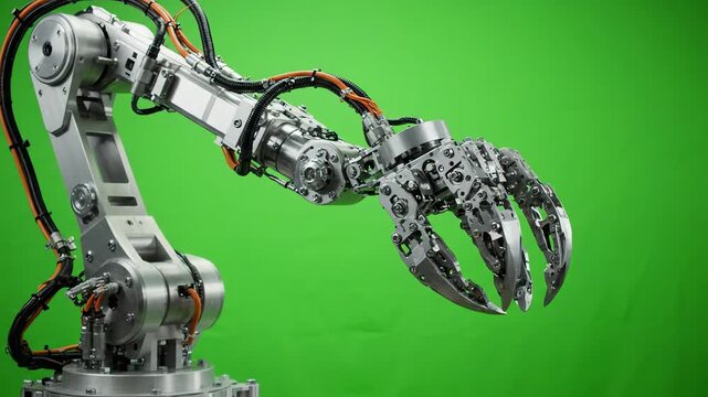 Metallic industrial robotic arm claw grasping and rotating against a bright green screen background for easy compositing and chroma keying