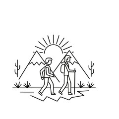 Obraz premium Two hikers walking in mountains with sun